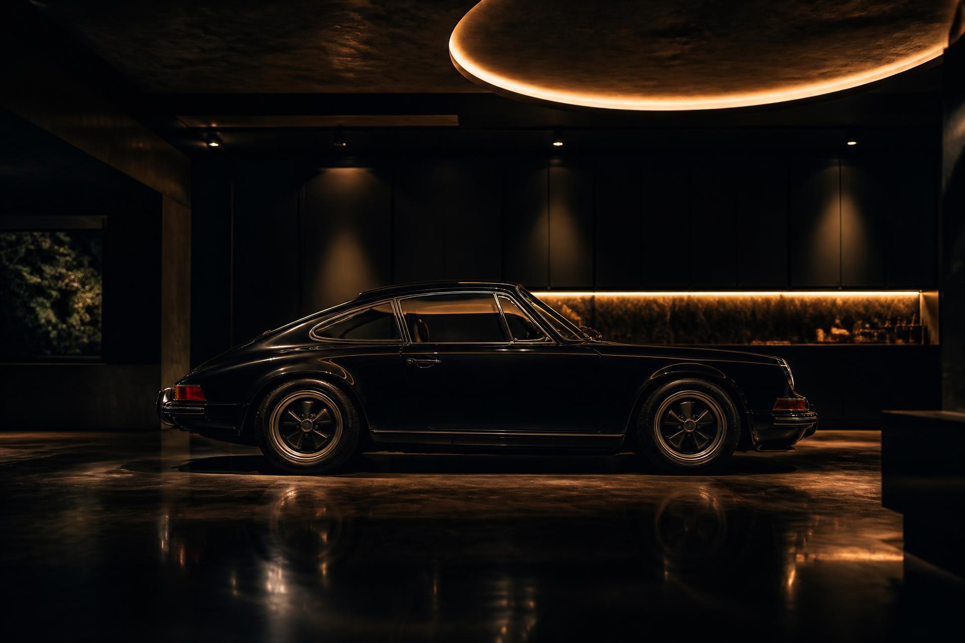 Collector car preserved in a private garage under warm overhead light